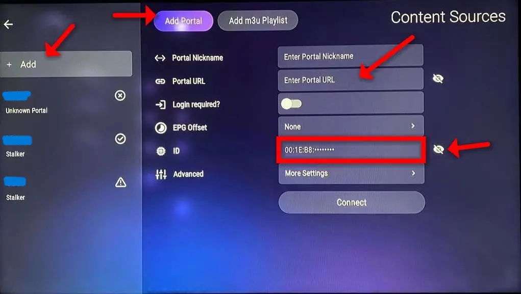 Écran pour ajouter un portail IPTV sur la box Formuler Z11 avec options de configuration.