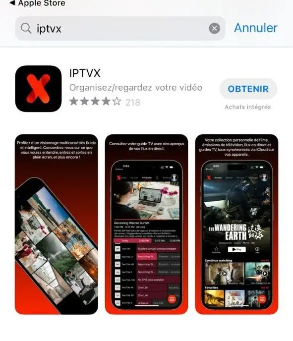 Capture d'écran de l'application IPTVX sur l'App Store, une application idéale pour IPTV Quebec.