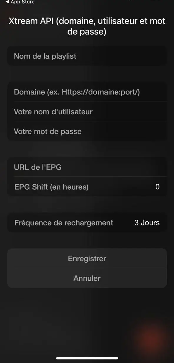 Écran de configuration IPTVX avec API Xtream pour entrer domaine, nom d'utilisateur et mot de passe pour IPTV Quebec.