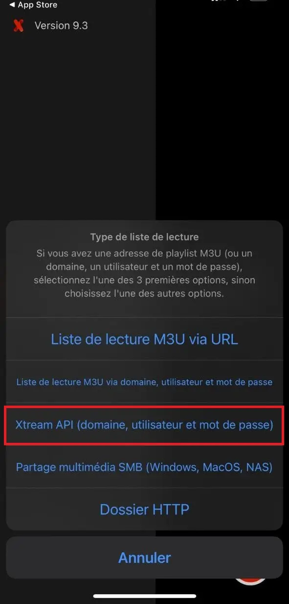 Écran de sélection dans IPTVX pour configurer IPTV Quebec via Xtream API.