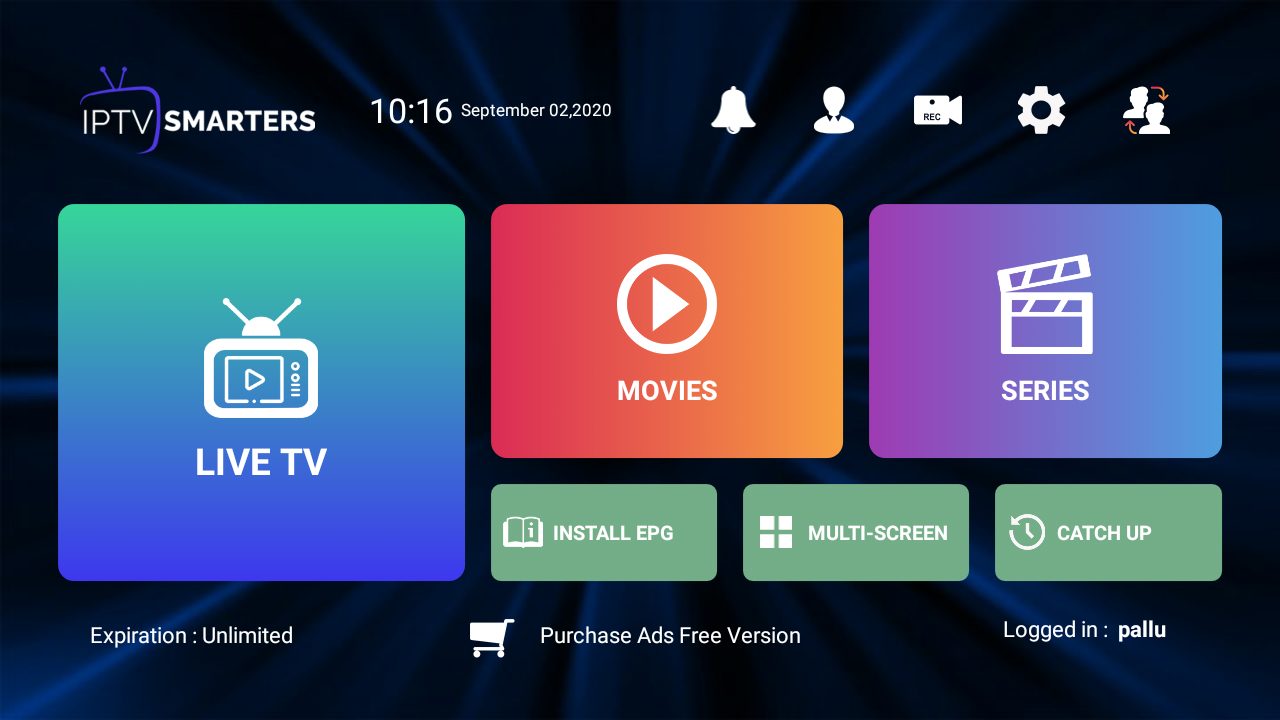 Interface utilisateur de l'application IPTV Smarters pour gérer Live TV, Films et Séries.