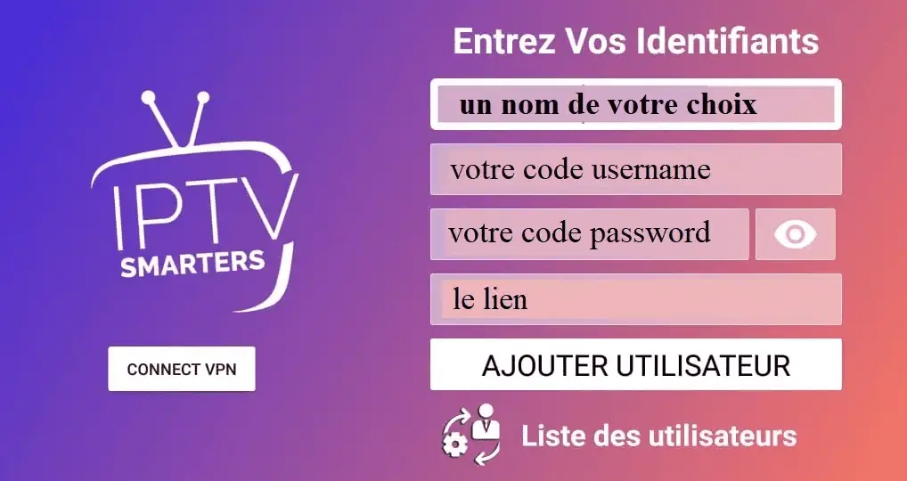 Écran de connexion IPTV Smarters Pro pour entrer identifiants, URL et configurer IPTV Quebec.