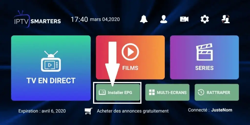 Interface principale d'IPTV Smarters Pro avec options TV en direct, Films, Séries et EPG pour IPTV Quebec.