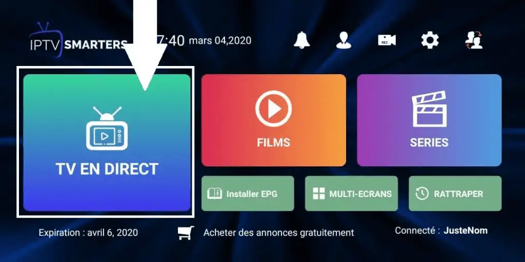 Option 'TV en Direct' mise en avant dans l'interface IPTV Smarters Pro pour IPTV Quebec.