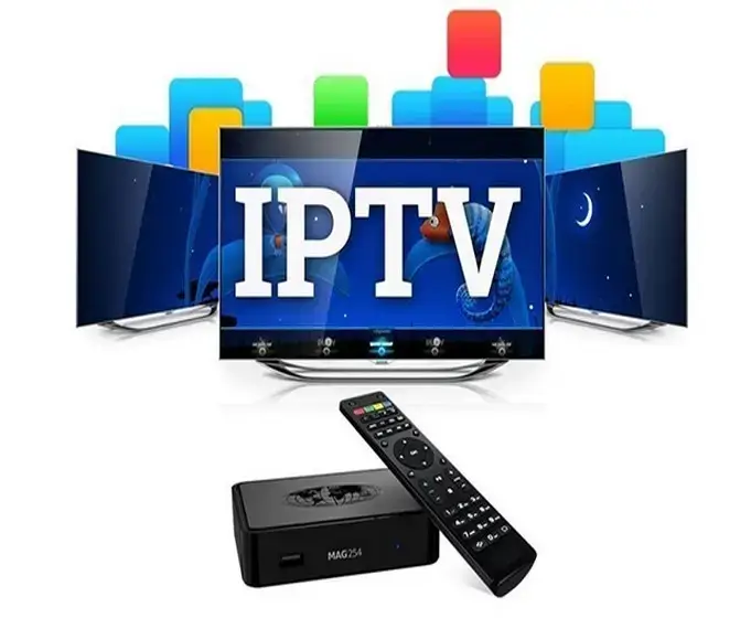 IPTV ott premium affiché sur un téléviseur avec interface moderne.